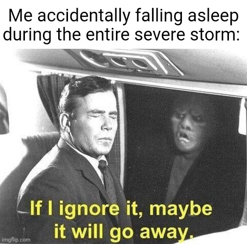 Literally me during a severe storm | Me accidentally falling asleep during the entire severe storm: | image tagged in if i ignore it maybe it will go away,severe storm,storm,memes,weather,asleep | made w/ Imgflip meme maker