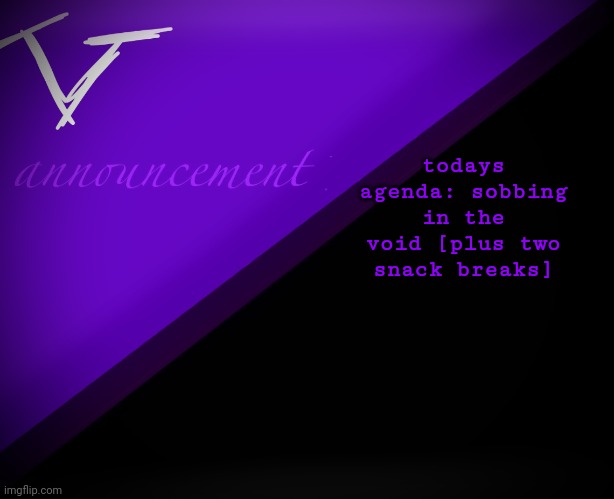 anyways, how's everyone else doing? | todays agenda: sobbing in the void [plus two snack breaks] | image tagged in v announcement | made w/ Imgflip meme maker