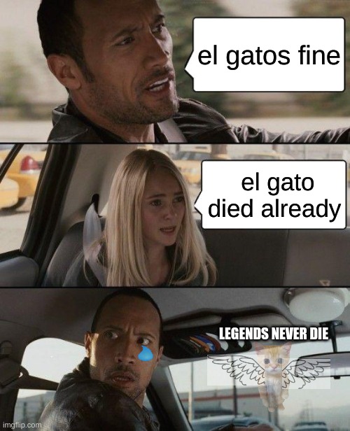 Legends lever die Rip | el gatos fine; el gato died already; LEGENDS NEVER DIE | image tagged in the rock driving,sad,cat | made w/ Imgflip meme maker