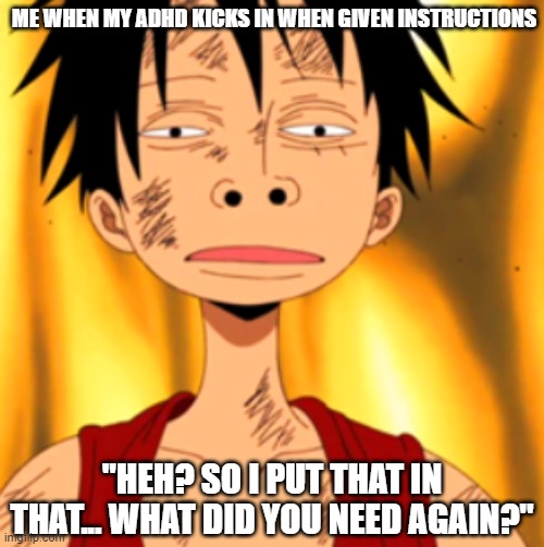Luffy Huh | ME WHEN MY ADHD KICKS IN WHEN GIVEN INSTRUCTIONS; "HEH? SO I PUT THAT IN THAT... WHAT DID YOU NEED AGAIN?" | image tagged in luffy huh | made w/ Imgflip meme maker