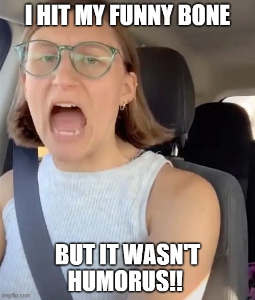 Unhinged Liberal Lunatic Idiot Woman Meltdown Screaming in Car | I HIT MY FUNNY BONE; BUT IT WASN'T HUMORUS!! | image tagged in unhinged liberal lunatic idiot woman meltdown screaming in car | made w/ Imgflip meme maker