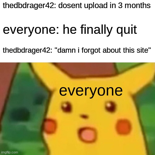 im in highschool now. and yea. im back | thedbdrager42: dosent upload in 3 months; everyone: he finally quit; thedbdrager42: "damn i forgot about this site"; everyone | image tagged in memes,surprised pikachu | made w/ Imgflip meme maker