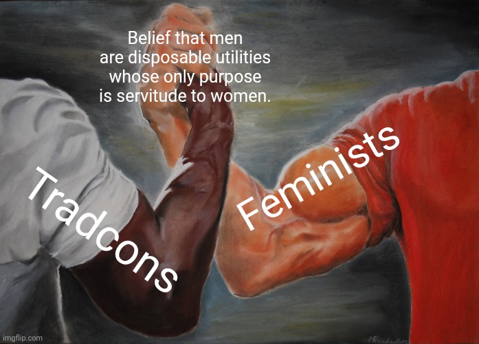 Epic Handshake | Belief that men are disposable utilities whose only purpose is servitude to women. Feminists; Tradcons | image tagged in memes,epic handshake | made w/ Imgflip meme maker