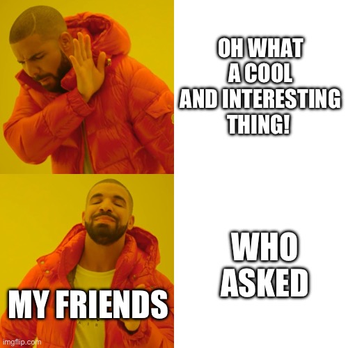 Drake Hotline Bling | OH WHAT A COOL AND INTERESTING THING! WHO ASKED; MY FRIENDS | image tagged in memes,drake hotline bling,friends,who asked,school,talking | made w/ Imgflip meme maker