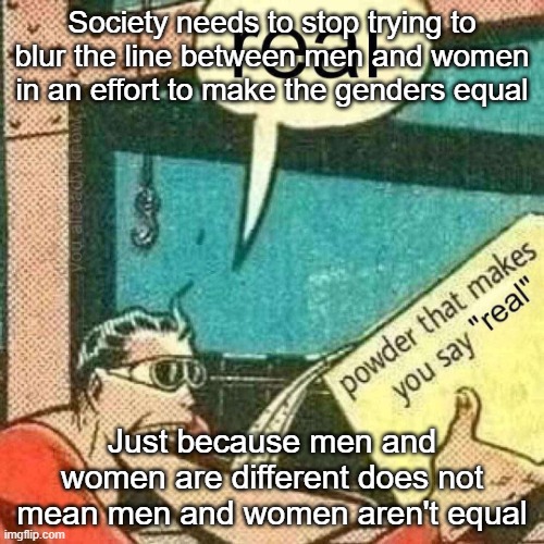 Powder that makes you say real | Society needs to stop trying to blur the line between men and women in an effort to make the genders equal; Just because men and women are different does not mean men and women aren't equal | image tagged in powder that makes you say real | made w/ Imgflip meme maker