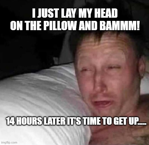 Sleepy guy | I JUST LAY MY HEAD ON THE PILLOW AND BAMMM! 14 HOURS LATER IT'S TIME TO GET UP..... | image tagged in sleepy guy | made w/ Imgflip meme maker