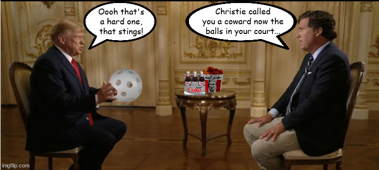 A little back & forth questions before the real interview begins... | Christie called you a coward now the balls in your court... Oooh that's a hard one, that stings! | image tagged in tucker carlson,donald trump,interview,coward,chris christie,whiffed the debate | made w/ Imgflip meme maker