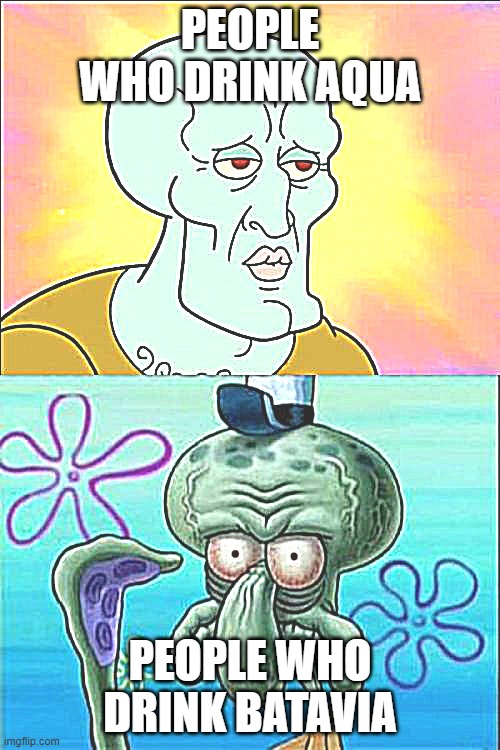 INDONESIAN WATER STANDARDS | PEOPLE WHO DRINK AQUA; PEOPLE WHO DRINK BATAVIA | image tagged in memes,squidward | made w/ Imgflip meme maker