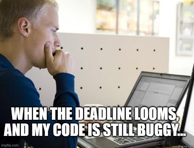 PROGRAMMER | WHEN THE DEADLINE LOOMS, AND MY CODE IS STILL BUGGY... | image tagged in programmer | made w/ Imgflip meme maker