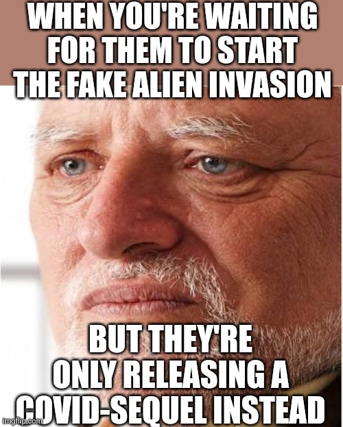 Rona Sequel | WHEN YOU'RE WAITING FOR THEM TO START THE FAKE ALIEN INVASION; BUT THEY'RE ONLY RELEASING A COVID-SEQUEL INSTEAD | image tagged in harold sad,fake alien invasion,rona,plandemic | made w/ Imgflip meme maker