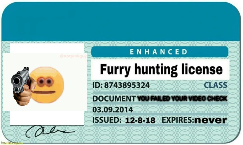 furry hunting license | YOU FAILED YOUR VIDEO CHECK | image tagged in furry hunting license | made w/ Imgflip meme maker