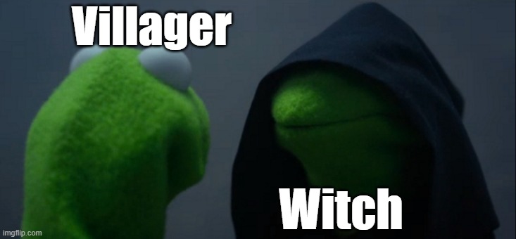 Villager & Witch, looks | Villager; Witch | image tagged in memes,evil kermit | made w/ Imgflip meme maker