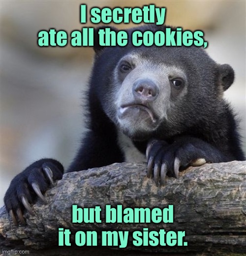 I ate the cookies | I secretly ate all the cookies, but blamed it on my sister. | image tagged in memes,confession bear,ate cookies,blamed my sister,fun | made w/ Imgflip meme maker