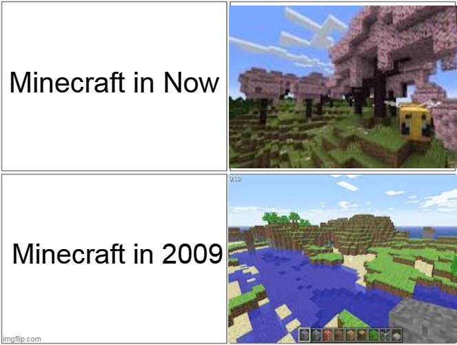 I remember this classic | Minecraft in Now; Minecraft in 2009 | image tagged in memes,blank comic panel 2x2 | made w/ Imgflip meme maker