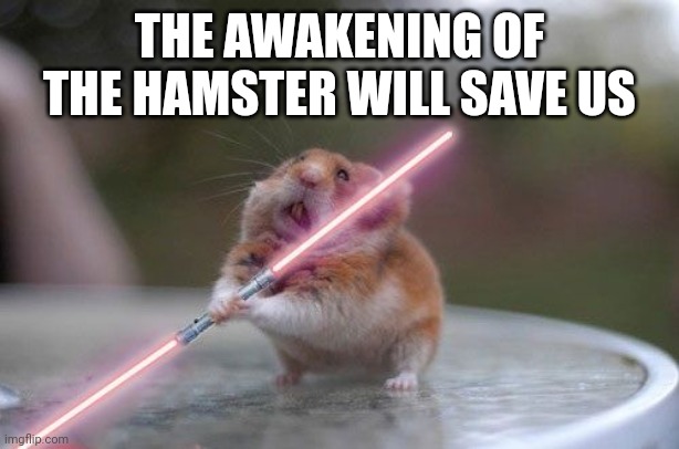 Star Wars hamster | THE AWAKENING OF THE HAMSTER WILL SAVE US | image tagged in star wars hamster | made w/ Imgflip meme maker