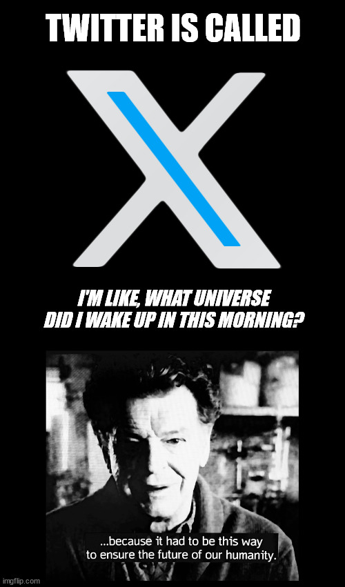 X - in what universe? | TWITTER IS CALLED; I'M LIKE, WHAT UNIVERSE DID I WAKE UP IN THIS MORNING? | image tagged in twitter,elon musk,x,it had to be this way,humanity,fringe | made w/ Imgflip meme maker