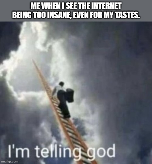 Im telling god | ME WHEN I SEE THE INTERNET BEING TOO INSANE, EVEN FOR MY TASTES. | image tagged in im telling god | made w/ Imgflip meme maker