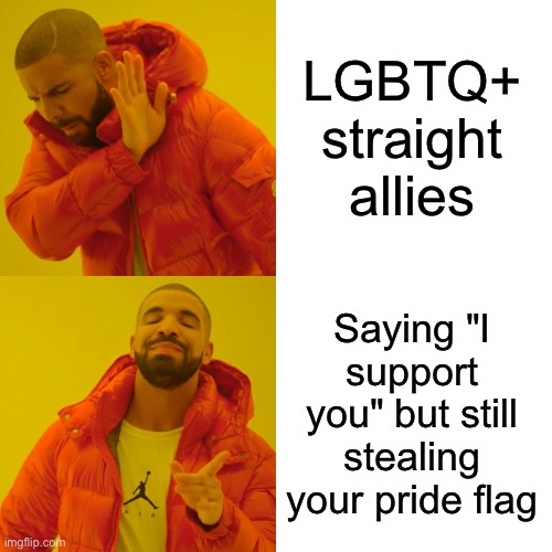 Drake Hotline Bling Meme | LGBTQ+ straight allies Saying "I support you" but still stealing your pride flag | image tagged in memes,drake hotline bling | made w/ Imgflip meme maker