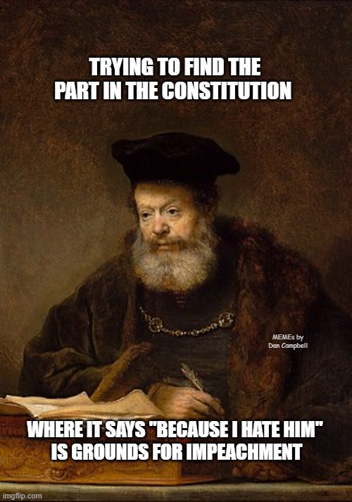 Scholar | TRYING TO FIND THE PART IN THE CONSTITUTION; MEMEs by Dan Campbell; WHERE IT SAYS "BECAUSE I HATE HIM" 
IS GROUNDS FOR IMPEACHMENT | image tagged in scholar | made w/ Imgflip meme maker