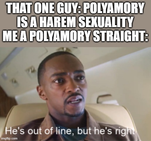 I need more polyamory jokes on me | THAT ONE GUY: POLYAMORY IS A HAREM SEXUALITY
ME A POLYAMORY STRAIGHT: | image tagged in he's out of line but he's right isolated | made w/ Imgflip meme maker