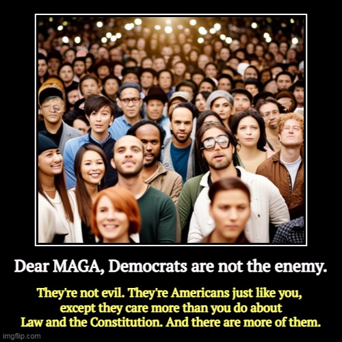 Dear MAGA, Democrats are not the enemy. | They're not evil. They're Americans just like you, 
except they care more than you do about Law an | image tagged in funny,demotivationals,liberal,progressive,democrats,constitution | made w/ Imgflip demotivational maker