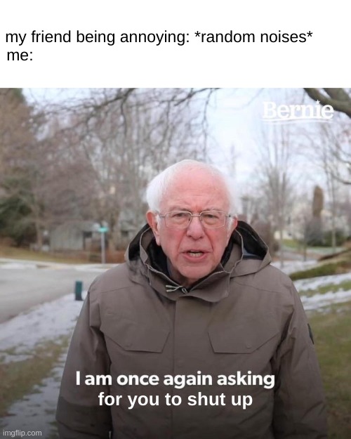 Bernie I Am Once Again Asking For Your Support Meme | my friend being annoying: *random noises*        

me:; for you to shut up | image tagged in memes,bernie i am once again asking for your support | made w/ Imgflip meme maker