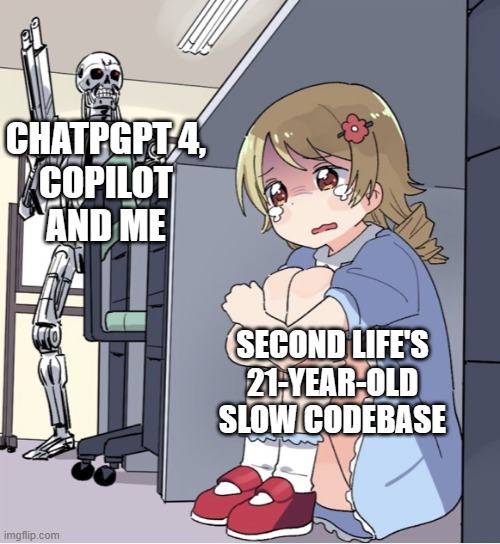 Speed coding be like | CHATPGPT 4, 
COPILOT 
AND ME; SECOND LIFE'S 21-YEAR-OLD SLOW CODEBASE | image tagged in anime girl hiding from terminator | made w/ Imgflip meme maker