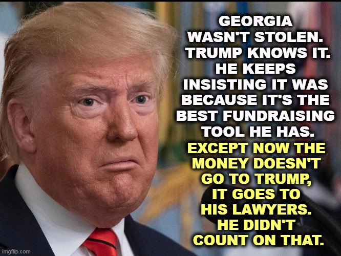 Trump knew he lost six months before the actual 2020 election. That's why he started lying about "rigged" elections. | GEORGIA 
WASN'T STOLEN. 
TRUMP KNOWS IT.
HE KEEPS 
INSISTING IT WAS 
BECAUSE IT'S THE 
BEST FUNDRAISING 
TOOL HE HAS. EXCEPT NOW THE 
MONEY DOESN'T 
GO TO TRUMP, 
IT GOES TO 
HIS LAWYERS. 
HE DIDN'T 
COUNT ON THAT. | image tagged in donald trump - dilated eyes,trump,liar,georgia,greed | made w/ Imgflip meme maker