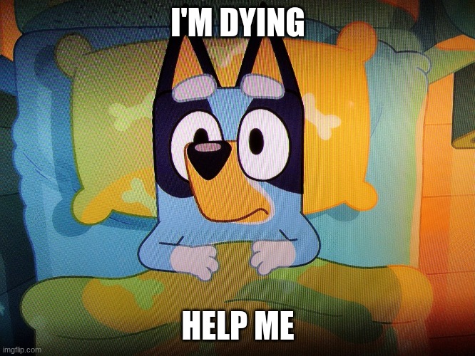 Bluey in bed | I'M DYING; HELP ME | image tagged in bluey in bed | made w/ Imgflip meme maker