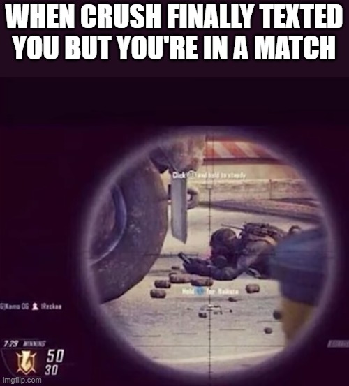 crush | WHEN CRUSH FINALLY TEXTED YOU BUT YOU'RE IN A MATCH | image tagged in gaming | made w/ Imgflip meme maker