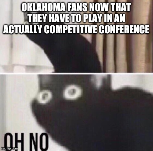 SEC slander part 11 | OKLAHOMA FANS NOW THAT THEY HAVE TO PLAY IN AN ACTUALLY COMPETITIVE CONFERENCE | image tagged in oh no cat,oklahoma,college football,slander | made w/ Imgflip meme maker