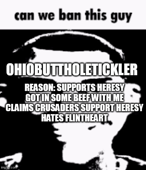 Can we ban this guy | OHIOBUTTHOLETICKLER; REASON: SUPPORTS HERESY
GOT IN SOME BEEF WITH ME
CLAIMS CRUSADERS SUPPORT HERESY
HATES FLINTHEART | image tagged in can we ban this guy | made w/ Imgflip meme maker