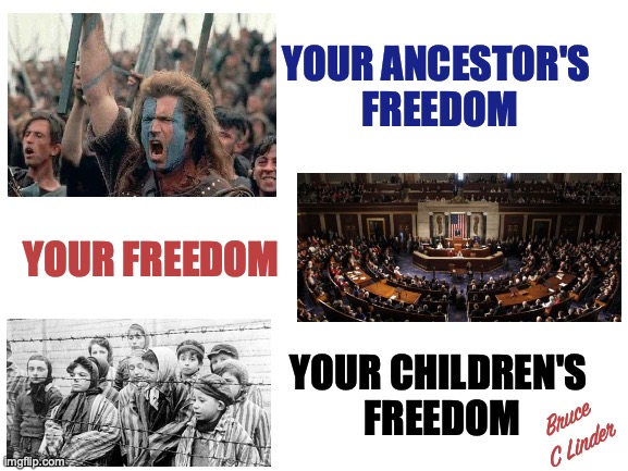 Changing Freedoms | YOUR ANCESTOR'S 
FREEDOM; YOUR FREEDOM; YOUR CHILDREN'S 
FREEDOM; Bruce
C Linder | image tagged in freedom,braveheart,peace through strength,tyranny through weakness | made w/ Imgflip meme maker