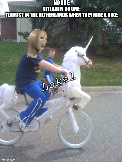 Im dutch | NO ONE:
LITERALLY NO ONE:
TOURIST IN THE NETHERLANDS WHEN THEY RIDE A BIKE:; Lokal | image tagged in unicorn bike | made w/ Imgflip meme maker