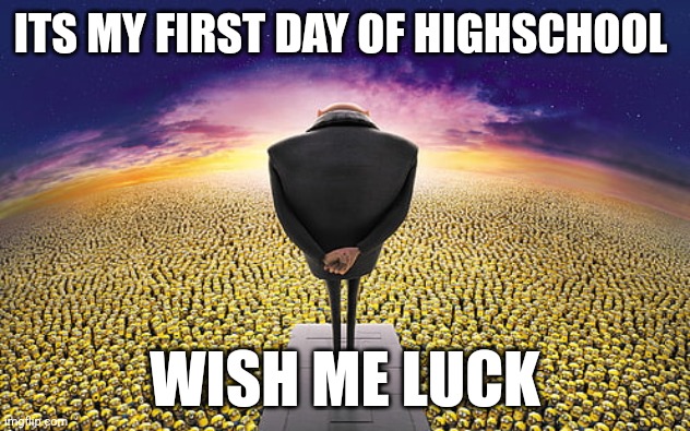 Wow I'm excited yet anxious | ITS MY FIRST DAY OF HIGHSCHOOL; WISH ME LUCK | image tagged in gru standing over minions | made w/ Imgflip meme maker