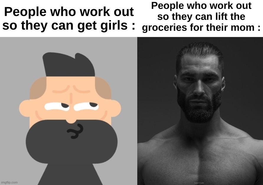 Introducing my brand new meme template | People who work out so they can lift the groceries for their mom :; People who work out so they can get girls : | image tagged in memes,funny,relatable,gigachad,groceries,front page plz | made w/ Imgflip meme maker