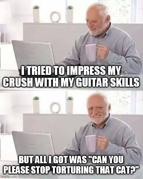 :'( | I TRIED TO IMPRESS MY CRUSH WITH MY GUITAR SKILLS; BUT ALL I GOT WAS "CAN YOU PLEASE STOP TORTURING THAT CAT?" | image tagged in memes,hide the pain harold | made w/ Imgflip meme maker