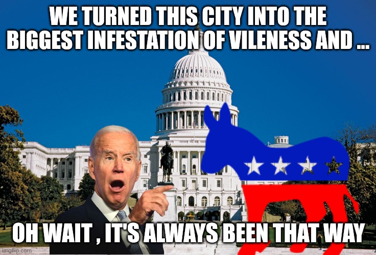 Washington dc | WE TURNED THIS CITY INTO THE BIGGEST INFESTATION OF VILENESS AND ... OH WAIT , IT'S ALWAYS BEEN THAT WAY | image tagged in government corruption | made w/ Imgflip meme maker