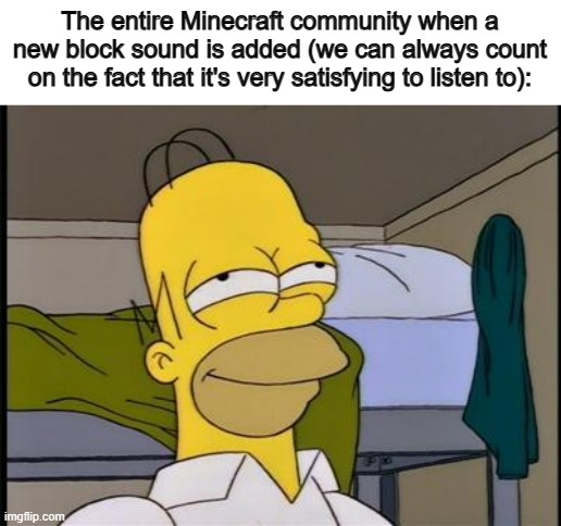 Fr tho- bamboo wood sounds so good ^-^ | The entire Minecraft community when a new block sound is added (we can always count on the fact that it's very satisfying to listen to): | image tagged in homer satisfied | made w/ Imgflip meme maker