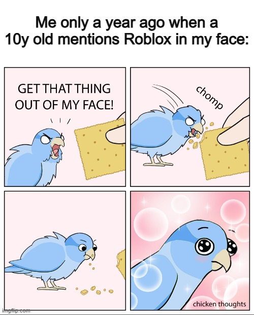 ... | Me only a year ago when a 10y old mentions Roblox in my face: | image tagged in bird likes cracker | made w/ Imgflip meme maker