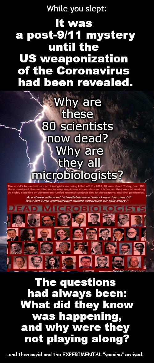 when the first coronavirus linked pandemic killed only microbiologists | While you slept:; It was 
a post-9/11 mystery
until the 
US weaponization 
of the Coronavirus 
had been revealed. Why are 
these 
80 scientists 
now dead? 
Why are
 they all 
microbiologists? The questions 
had always been:
What did they know
was happening,
and why were they 
not playing along? ...and then covid and the EXPERIMENTAL "vaccine" arrived... | image tagged in memes,politics,coronavirus,covid,scamdemic | made w/ Imgflip meme maker