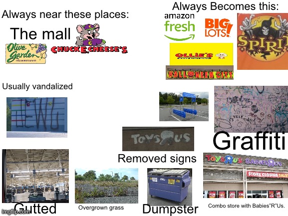 Abandoned Toys”R”Us Store Starter Pack | Always Becomes this:; Always near these places:; The mall; Usually vandalized; Graffiti; Removed signs; Combo store with Babies”R”Us. Overgrown grass; Gutted; Dumpster | image tagged in blank white template | made w/ Imgflip meme maker