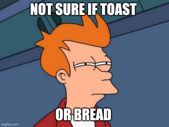 When you don't toast your toast enough | NOT SURE IF TOAST; OR BREAD | image tagged in memes,futurama fry | made w/ Imgflip meme maker