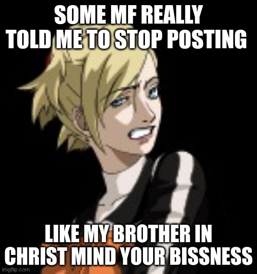 bro wtf | SOME MF REALLY TOLD ME TO STOP POSTING; LIKE MY BROTHER IN CHRIST MIND YOUR BISSNESS | image tagged in bro wtf | made w/ Imgflip meme maker