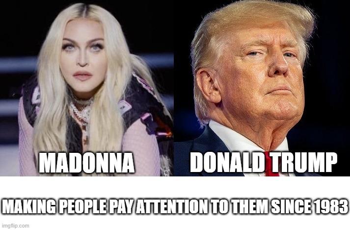 Madonna Donald Trump 1983-??? | DONALD TRUMP; MADONNA; MAKING PEOPLE PAY ATTENTION TO THEM SINCE 1983 | image tagged in madonna,i hate madonna,donald trump,i hate donald trump | made w/ Imgflip meme maker