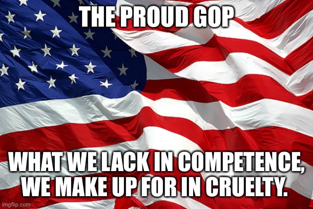 Republicans are terrible people | THE PROUD GOP; WHAT WE LACK IN COMPETENCE, WE MAKE UP FOR IN CRUELTY. | image tagged in american flag | made w/ Imgflip meme maker