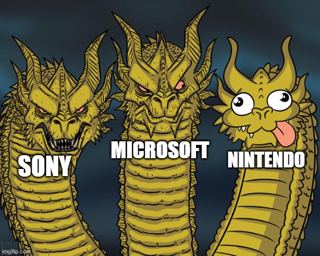 Three-headed Dragon | MICROSOFT; NINTENDO; SONY | image tagged in three-headed dragon | made w/ Imgflip meme maker