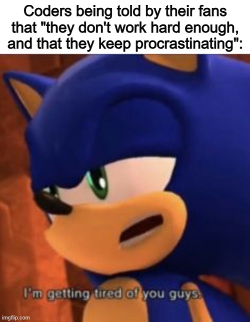 I feel bad for the imgflip developers... coding isn't easy :/ | Coders being told by their fans that "they don't work hard enough, and that they keep procrastinating": | image tagged in sonic im getting tired of you guys | made w/ Imgflip meme maker