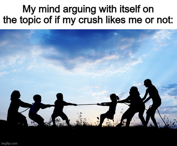 REAL | My mind arguing with itself on the topic of if my crush likes me or not: | image tagged in tug of war | made w/ Imgflip meme maker