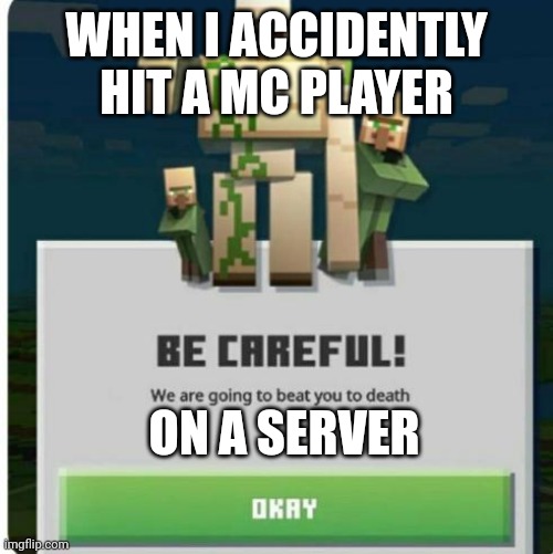 Run | WHEN I ACCIDENTLY HIT A MC PLAYER; ON A SERVER | image tagged in be careful we are going to beat you to death | made w/ Imgflip meme maker